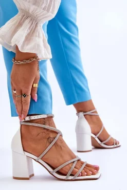 Clearance Boto Skórzane Damskie Sandały Z Cyrkoniami Na Obcasie Białe Liviano