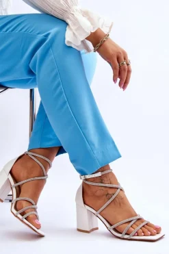 Clearance Boto Skórzane Damskie Sandały Z Cyrkoniami Na Obcasie Białe Liviano