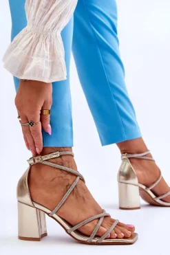 New Boto Skórzane Damskie Sandały Z Cyrkoniami Na Obcasie Złote Liviano