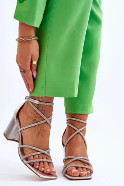 Boto Sandały Na Obcasie*Skórzane Damskie Sandały Z Cyrkoniami Na Obcasie Srebrne Liviano