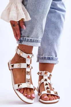 Damskie Boto Skórzane Damskie Sandały Z Dużymi Ćwiekami Białe Mishigan