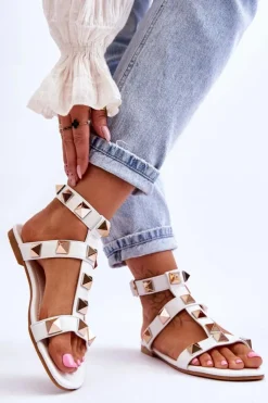 Damskie Boto Skórzane Damskie Sandały Z Dużymi Ćwiekami Białe Mishigan