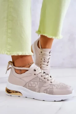 Damskie buty S.Barski Sneakersy Damskie*Skórzane Damskie Sneakersy Na Koturnie Beżowe Phiness