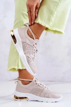 Damskie buty S.Barski Sneakersy Damskie*Skórzane Damskie Sneakersy Na Koturnie Beżowe Phiness