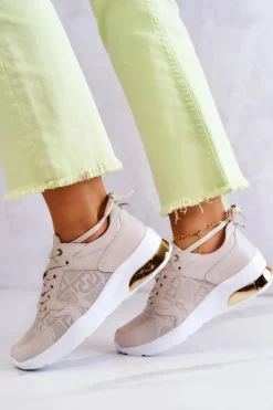 Damskie buty S.Barski Sneakersy Damskie*Skórzane Damskie Sneakersy Na Koturnie Beżowe Phiness