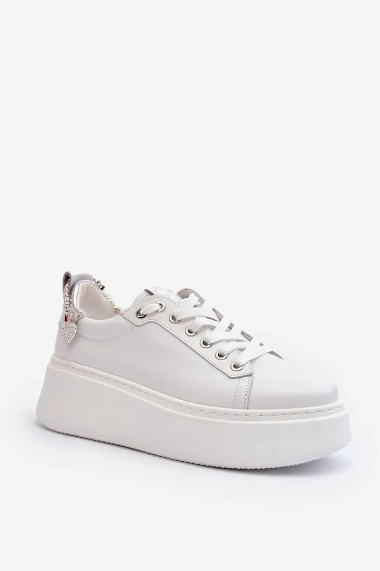 CheBello Buty Sportowe Na Platformie*Skórzane Damskie Sneakersy Z Bransoletą 4406 Białe