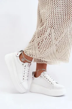 CheBello Buty Sportowe Na Platformie*Skórzane Damskie Sneakersy Z Bransoletą 4406 Białe