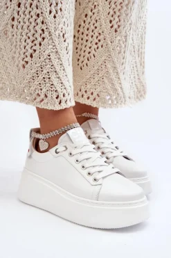 CheBello Buty Sportowe Na Platformie*Skórzane Damskie Sneakersy Z Bransoletą 4406 Białe