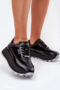 Damskie Big Star Shoes Skórzane Damskie Sneakersy Na Platformie Big Star RR274873 HI-POLY SYSTEM Czarne