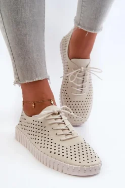 Boto Trampki Damskie Niskie*Skórzane Damskie Trampki Z Ażurowym Wzorem Beżowe Ilvima