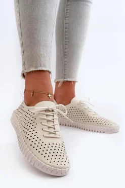 Boto Trampki Damskie Niskie*Skórzane Damskie Trampki Z Ażurowym Wzorem Beżowe Ilvima