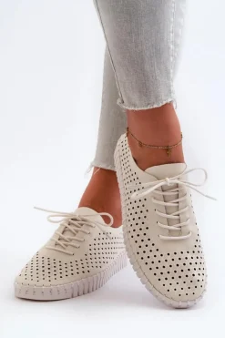 Boto Trampki Damskie Niskie*Skórzane Damskie Trampki Z Ażurowym Wzorem Beżowe Ilvima