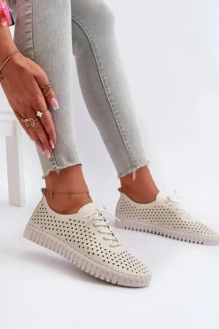 Boto Trampki Damskie Niskie*Skórzane Damskie Trampki Z Ażurowym Wzorem Beżowe Ilvima