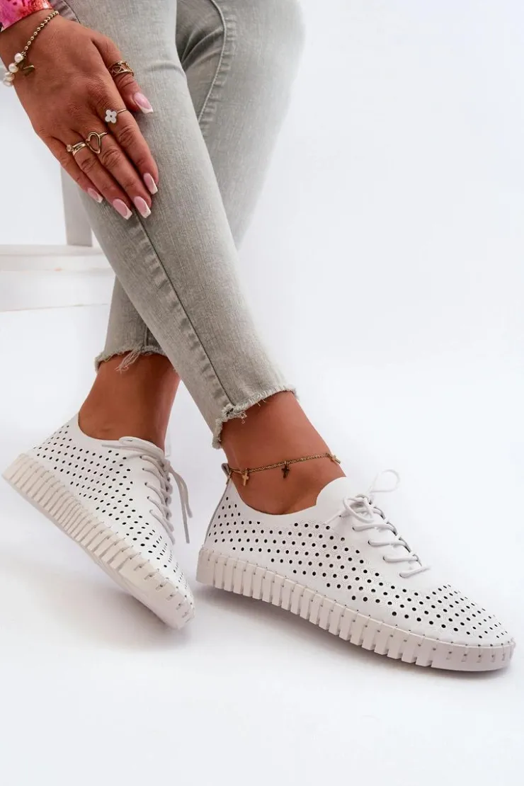 Clearance Boto Skórzane Damskie Trampki Z Ażurowym Wzorem Białe Ilvima