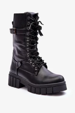Boto Damskie Trapery|Botki Sznurowane*Skórzane Damskie Wysokie Botki Workery Czarne Madit