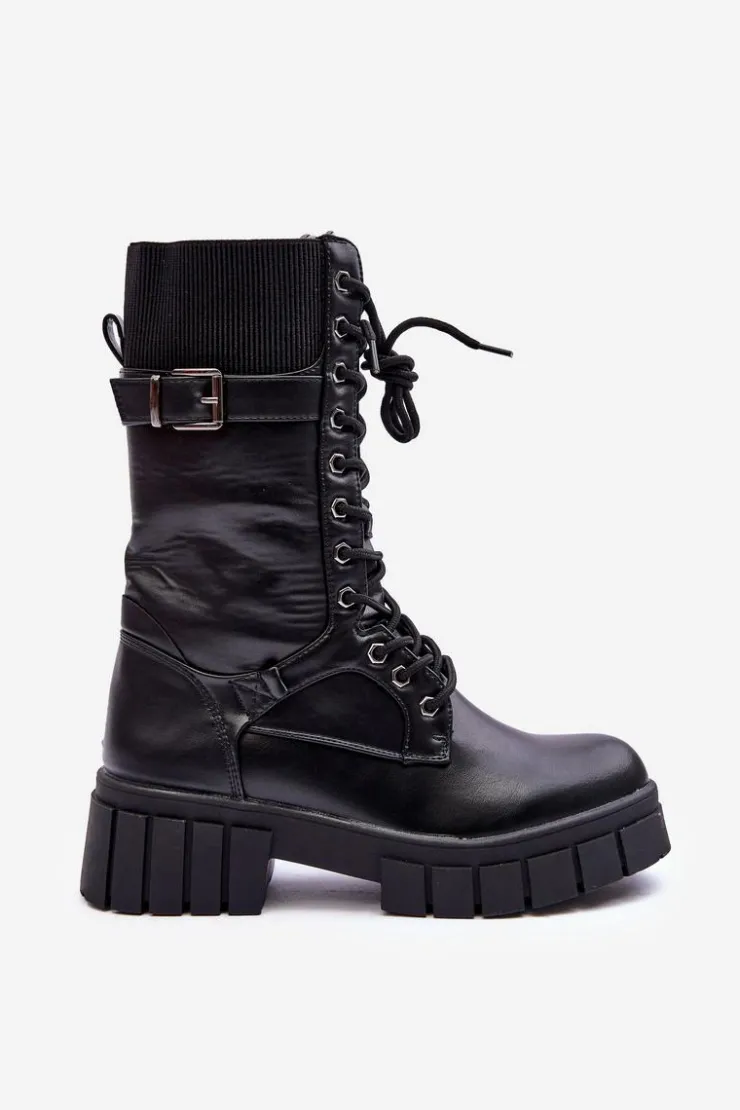Boto Damskie Trapery|Botki Sznurowane*Skórzane Damskie Wysokie Botki Workery Czarne Madit