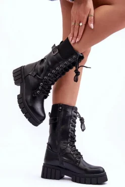 Boto Damskie Trapery|Botki Sznurowane*Skórzane Damskie Wysokie Botki Workery Czarne Madit