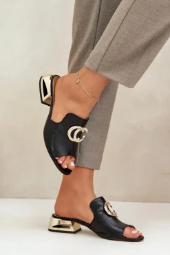 Damskie Laura Messi Skórzane Eleganckie Klapki Damskie Na Niskim Obcasie 2874 Czarne