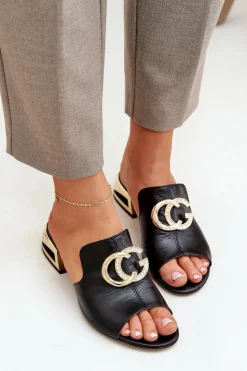 Damskie Laura Messi Skórzane Eleganckie Klapki Damskie Na Niskim Obcasie 2874 Czarne