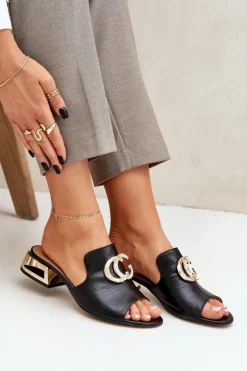 Damskie Laura Messi Skórzane Eleganckie Klapki Damskie Na Niskim Obcasie 2874 Czarne