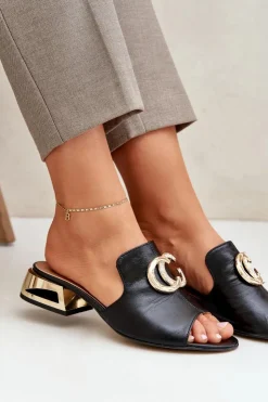 Damskie Laura Messi Skórzane Eleganckie Klapki Damskie Na Niskim Obcasie 2874 Czarne