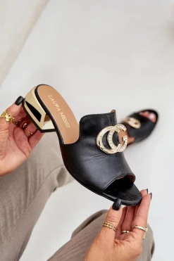 Damskie Laura Messi Skórzane Eleganckie Klapki Damskie Na Niskim Obcasie 2874 Czarne