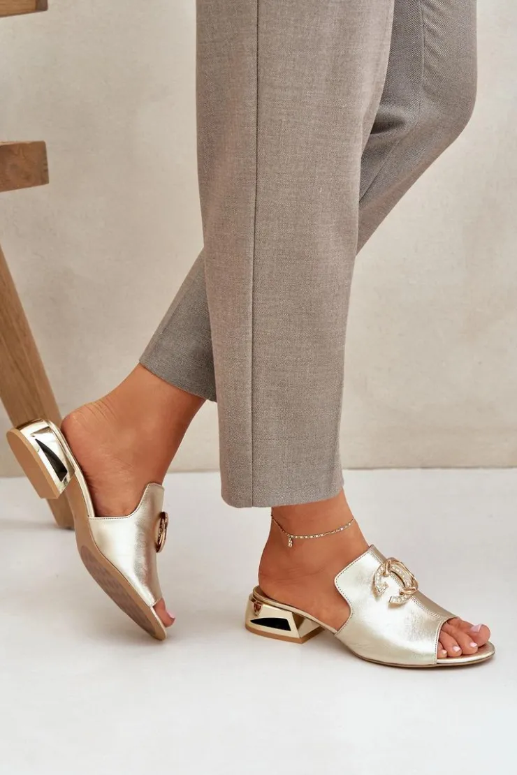 Damskie Laura Messi Skórzane Eleganckie Klapki Damskie Na Niskim Obcasie 2874 Złote