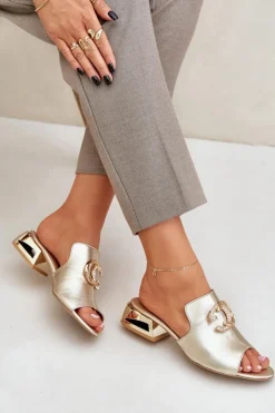 Damskie Laura Messi Skórzane Eleganckie Klapki Damskie Na Niskim Obcasie 2874 Złote