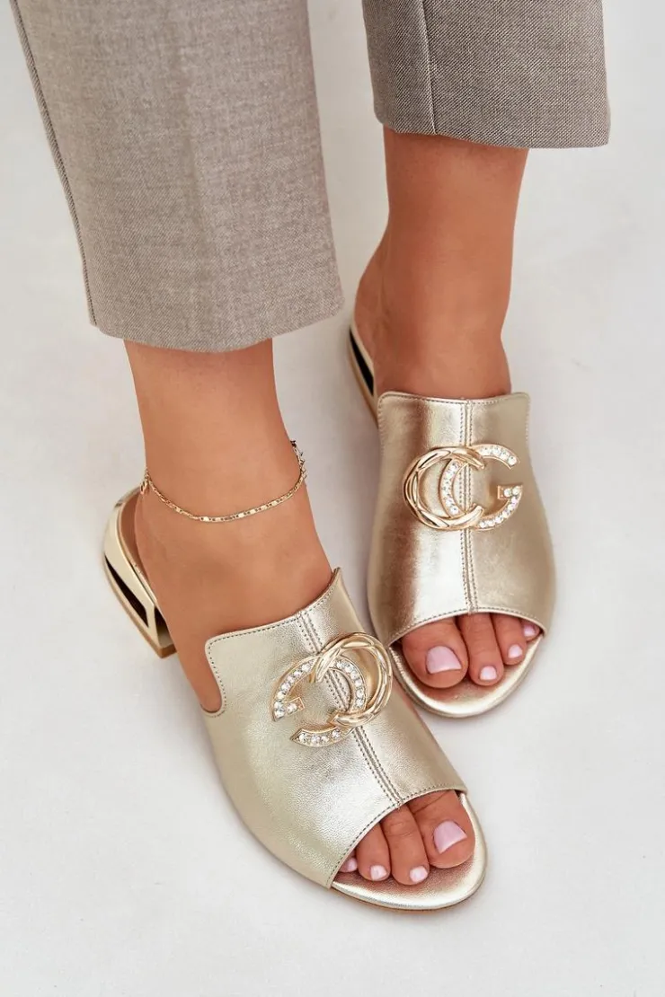 Damskie Laura Messi Skórzane Eleganckie Klapki Damskie Na Niskim Obcasie 2874 Złote