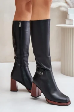 Damskie Damskie buty S.Barski Skórzane Eleganckie Kozaki Na Słupku Ocieplane D&A JC42-39 Czarne