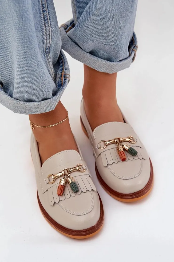 Damskie buty S.Barski Mokasyny Damskie Lakierowane*Skórzane Eleganckie Mokasyny Na Płaskim Obcasie S.Barski LR51-768 Beżowe