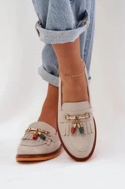 Damskie buty S.Barski Mokasyny Damskie Lakierowane*Skórzane Eleganckie Mokasyny Na Płaskim Obcasie S.Barski LR51-768 Beżowe