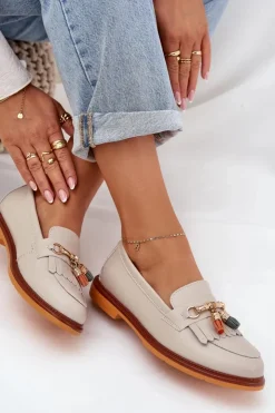 Damskie buty S.Barski Mokasyny Damskie Lakierowane*Skórzane Eleganckie Mokasyny Na Płaskim Obcasie S.Barski LR51-768 Beżowe