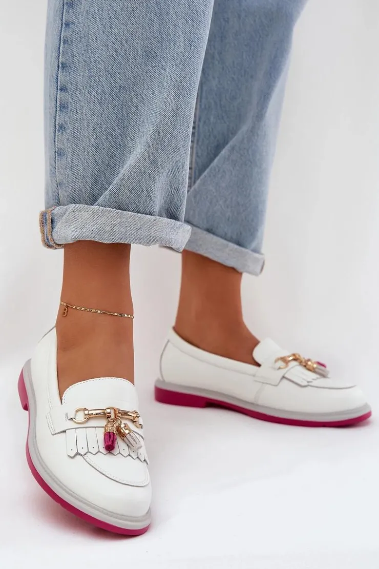 Damskie buty S.Barski Skórzane Eleganckie Mokasyny Na Płaskim Obcasie S.Barski LR51-768 Białe Biały