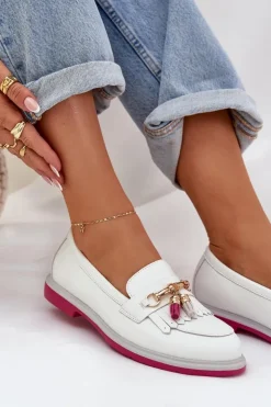 Damskie buty S.Barski Skórzane Eleganckie Mokasyny Na Płaskim Obcasie S.Barski LR51-768 Białe Biały