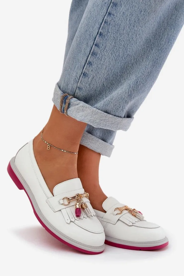 Damskie buty S.Barski Skórzane Eleganckie Mokasyny Na Płaskim Obcasie S.Barski LR51-768 Białe Biały