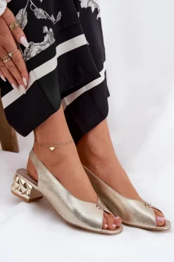 CheBello Sandały Na Obcasie*Skórzane Eleganckie Sandały Damskie 4724 Złote Złoty