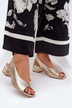 CheBello Sandały Na Obcasie*Skórzane Eleganckie Sandały Damskie 4724 Złote Złoty