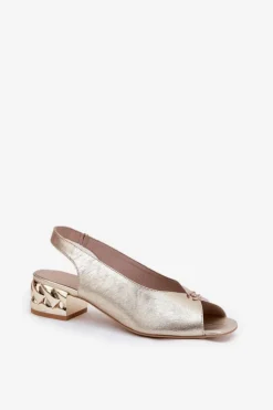 CheBello Sandały Na Obcasie*Skórzane Eleganckie Sandały Damskie 4724 Złote Złoty