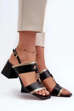 Damskie Laura Messi Skórzane Eleganckie Sandały Na Klocku 2768 Czarne