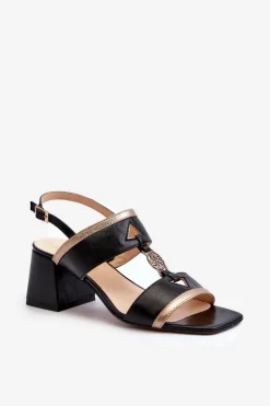 Damskie Laura Messi Skórzane Eleganckie Sandały Na Klocku 2768 Czarne