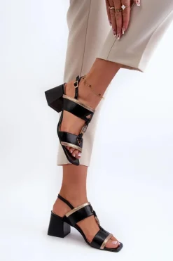 Damskie Laura Messi Skórzane Eleganckie Sandały Na Klocku 2768 Czarne