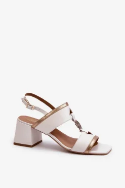 Laura Messi Skórzane Eleganckie Sandały Na Klocku 2768 Białe Biały