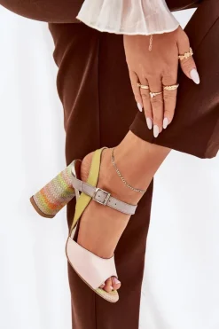 Laura Messi Sandały Na Słupku|Sandały Na Obcasie*Skórzane Eleganckie Sandały Na Słupku 2136 Multikolor Wielokolorowy