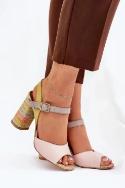 Laura Messi Sandały Na Słupku|Sandały Na Obcasie*Skórzane Eleganckie Sandały Na Słupku 2136 Multikolor Wielokolorowy