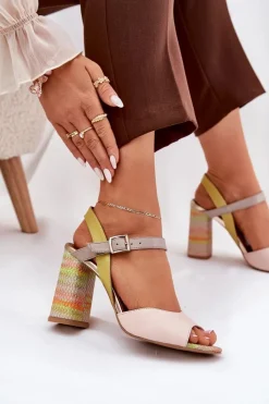 Laura Messi Sandały Na Słupku|Sandały Na Obcasie*Skórzane Eleganckie Sandały Na Słupku 2136 Multikolor Wielokolorowy