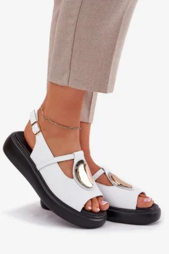 Damskie buty S.Barski Sandały Z Cholewką|Sandały Na Koturnie*Skórzane Eleganckie Sandały Damskie S.Barski GR51-603 Białe