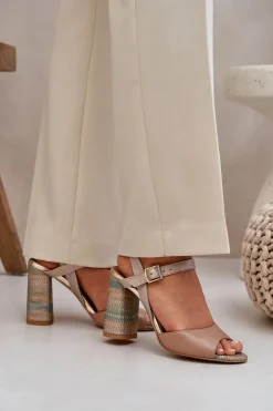 Damskie Laura Messi Skórzane Eleganckie Sandały Na Słupku 2136 Ciemnobeżowe