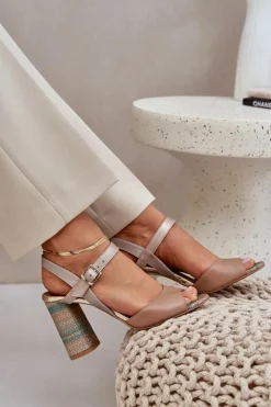 Damskie Laura Messi Skórzane Eleganckie Sandały Na Słupku 2136 Ciemnobeżowe