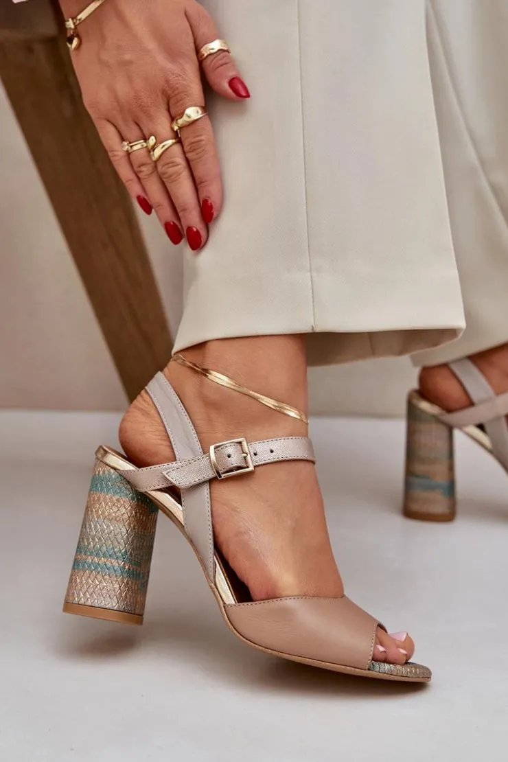 Damskie Laura Messi Skórzane Eleganckie Sandały Na Słupku 2136 Ciemnobeżowe